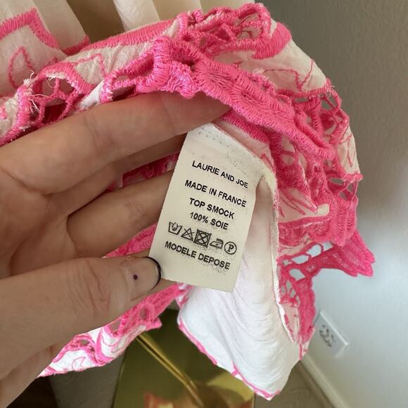 Laurie & Joe Embroidered Off Shoulder Smock Top Silk Tunic Eyelet France - Picture 7 of 10